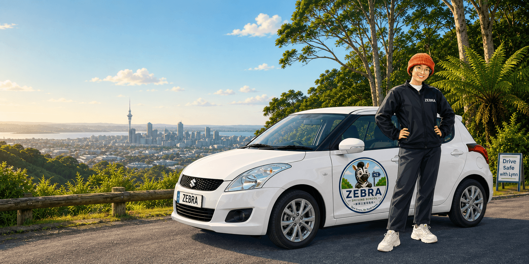 Instructor Lynn beside the Zebra Driving School car overlooking Auckland
